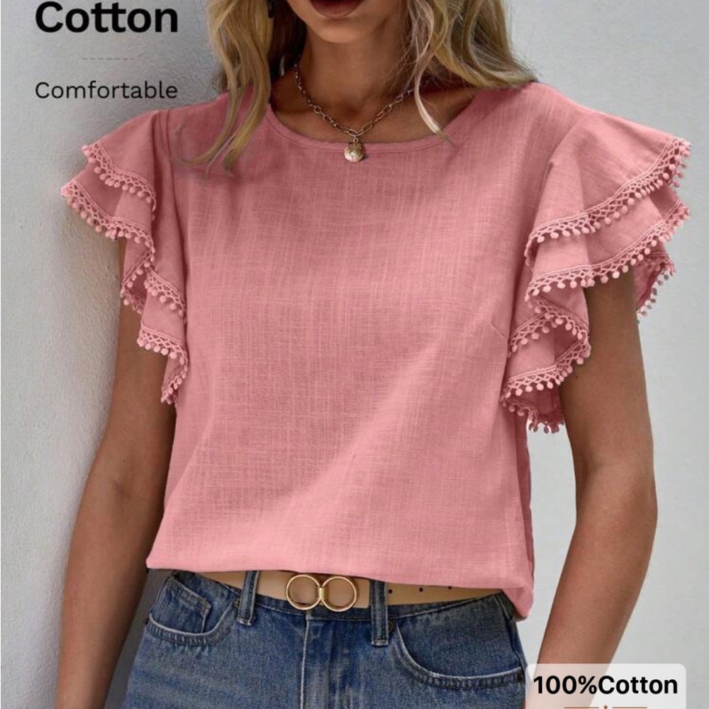 SHEIN Pink Ruffle Sleeve Cotton Blouse